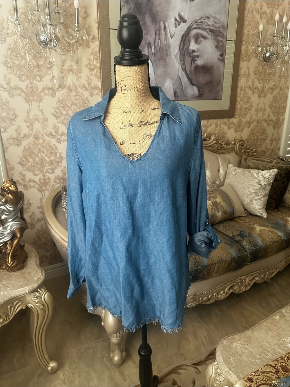 Light Blue Chambray V-Neck Collared Tunic Top